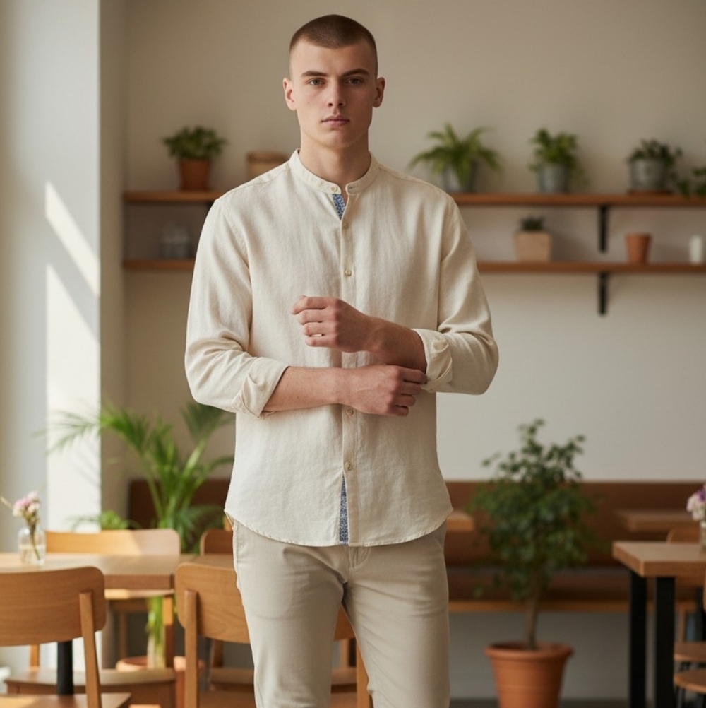 Linen Blended Zara Men's Beige Button-Down Shirt